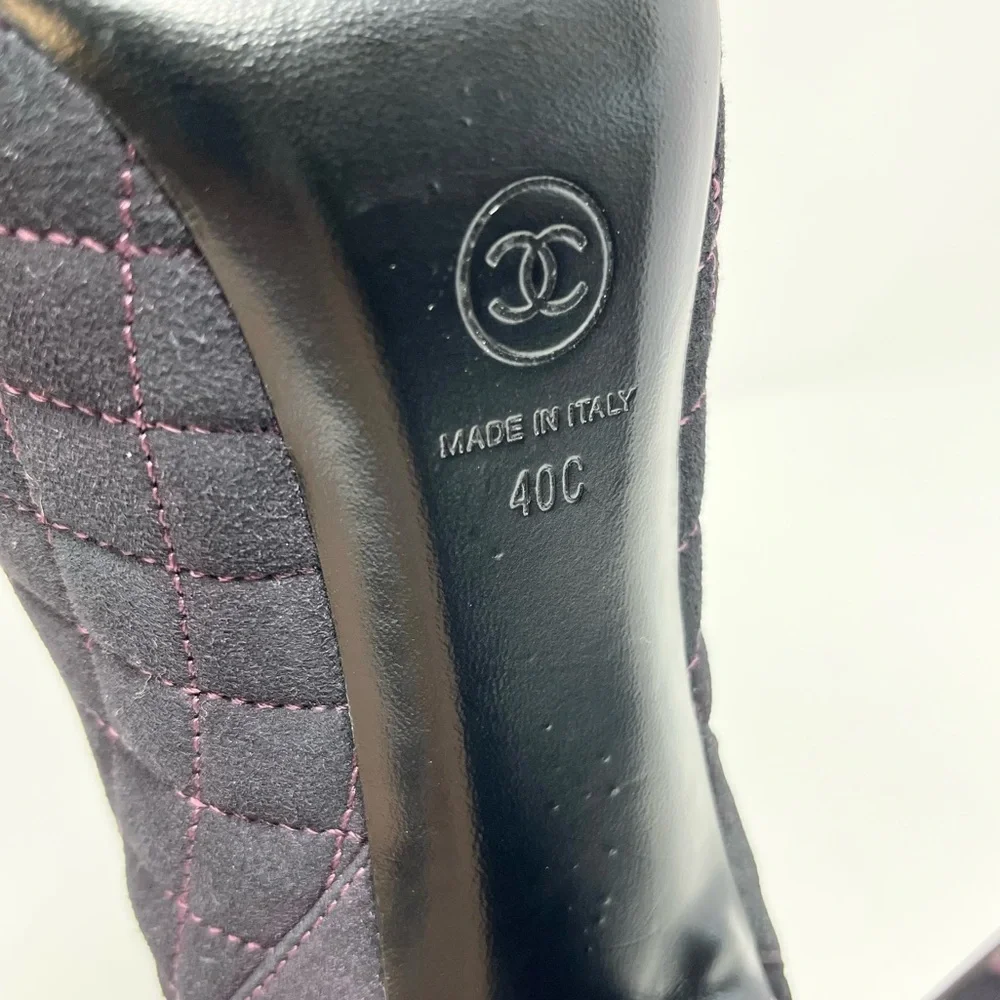 Chanel Quilted Ankle Boots Booties Heels CC Logo Cap Toe Purple Black 40 9 9.5